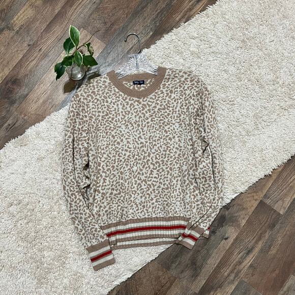 Splendid Small Oversized Beige Leopard Print Cashmere Blend Crewneck Sweater - Picture 3 of 7